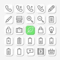 Essentials icons in line style for user interface, mobile and website design. Including call, contact, store, notes, battery, and others. vector