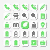 Essentials icons in glyph style for user interface, mobile and website design. Including call, contact, store, notes, battery, and others. vector