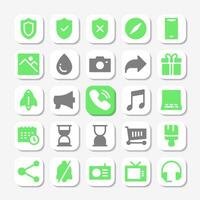 Essentials icons in glyph style for user interface, mobile and website design. Including call, marketing, shield, security, time, music, customer service, and others. vector