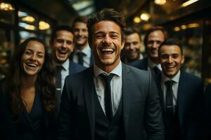 ai generativo grupo de contento negocio hombre y negocio mujer, vestido en trajes son sonriente, en el oficina foto