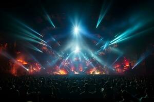 Ai generative Crowded Concert Stage Scenery With Spotlights and Colored Lights realistic image, ultra hd photo