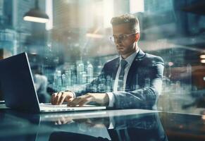 Ai Generative double exposure photo of a business man using laptop on his desk front view office background