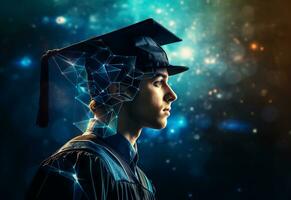 ai generativo doble exposición foto de joven hombre con graduación gorra tecnología antecedentes realista imagen