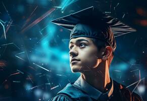 Ai Generative Double exposure photo of Young man with graduation cap technology background realistic image