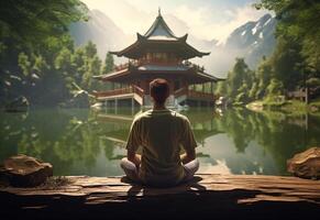 ai generative photo of a man practicing mindfulness and meditation in a peaceful natural environment sony A7s realistic image, ultra hd, high design very detailed