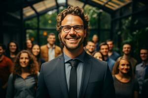 ai generativo grupo de contento negocio hombre y negocio mujer, vestido en trajes son sonriente, en el oficina foto