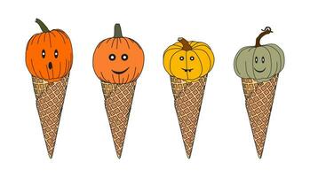 Set of Halloween pumpkin with carved face. Vector illustration of pumpkin head in the form of ice cream in a waffle cup.