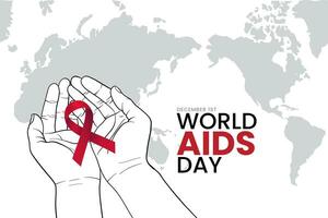 mano dibujado mundo SIDA día bandera diseño modelo. mano apoyo, rojo cinta vector