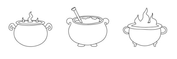 Big collection of doodle cauldrons. Hand drawn doodle Halloween decoration cauldron. Set of cauldron outline. Vector illustration.