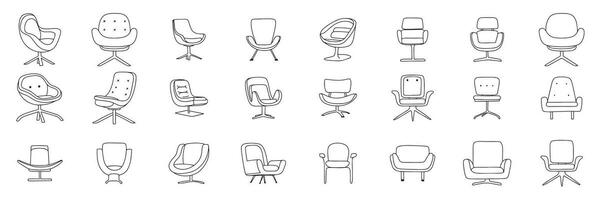 Big collection of doodle chairs. Hand drawn doodle modern armchairs. Set of armchairs outline. Vector illustration.