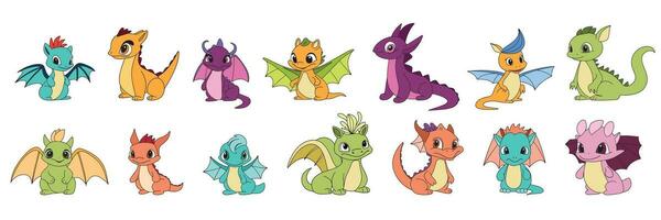 Big collection baby dragons colored outline. Hand drawn little dragon in doodle style isolated on white background.  Vector illustration.