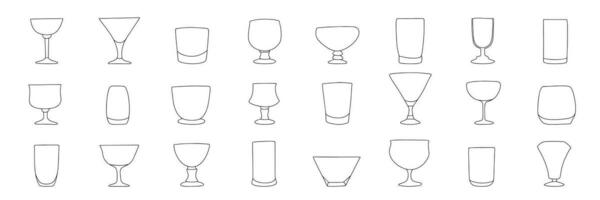 Big collection of glasses in doodle style. Outline glass isolated on white background. Collection of glasses set icons. Vector illustration.