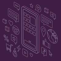 Smartphone screen with application menu in isometric, outline style. Online social communication, variety of phone functions concept. Trendy vector illustration on a purple background.