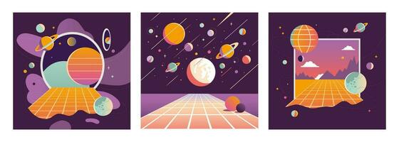 virtual realidad antecedentes colocar, dibujos animados estilo. ciberespacio entrada concepto, ventana a el metaverso. espacio, planetas y estrellas, retro futurismo de moda vector ilustración, mano dibujado, plano