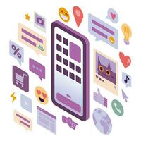 Smartphone screen with application menu in isometric, cartoon style. Online social communication, variety of phone functions concept. Trendy modern vector illustration isolated on white, flat