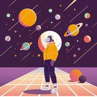 concepto de virtual realidad tecnología, metaverso, dibujos animados estilo. chico en vr lentes en antecedentes con espacio, planetas y estrellas, retro futurismo de moda moderno vector ilustración, mano dibujado, plano