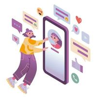 Girl communicates with her friend via smartphone, online contact, cartoon style. Concept of global internet connection, social networks and messengers. Trendy isolated vector illustration, flat