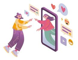 niña comunica con su amigo vía teléfono inteligente, en línea contacto, dibujos animados estilo. concepto de global Internet conexión, social redes y mensajeros de moda aislado vector ilustración, plano