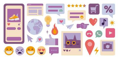 Set of cute elements of web interface, social networks, cartoon style. Online communication concept, speech bubbles, likes, emojis. Trendy modern vector illustration isolated on white, flat