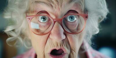 ai generado. ai generativo. antiguo mujer profesor en lentes mirando a cámara con loco divertido retrato rostro. gráfico Arte foto