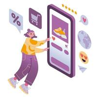 niña señalando a el en línea Tienda web página con zapatilla de deporte en teléfono inteligente pantalla. en línea compras concepto, dibujos animados estilo. de moda moderno vector ilustración aislado en blanco, mano dibujado, plano