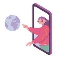 niña toques el globo mediante un teléfono inteligente, dibujos animados estilo. concepto de global Internet comunicación, conexión con el todo mundo y viajar. de moda vector aislado ilustración, plano