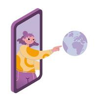 niña toques el globo mediante un teléfono inteligente, dibujos animados estilo. concepto de global Internet comunicación, conexión con el todo mundo y viajar. de moda vector aislado ilustración, plano