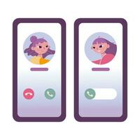 Call Screen Concept, cartoon style. Incoming Call Screen Template,  smartphone interface with cute girls avatars. Trendy modern vector illustration isolated on white background, hand drawn, flat