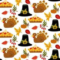 Seamless Happy Thanksgiving pattern with festive elements in a flat style. Hand-drawn background with turkey, hat, pie, berry, candles, leaves. Vector illustration for design, fabric or wrapping paper