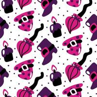 Seamless pattern of purple and black colors for Halloween. Witch, hat, shoe, broom, candle, confetti on a white background vector illustration in cartoon style. Gift packaging, printing for a party