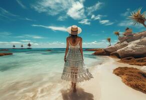 Ai generative young tourist woman in summer dress and hat standing on beautiful sandy beach. Cute girl enjoying photo