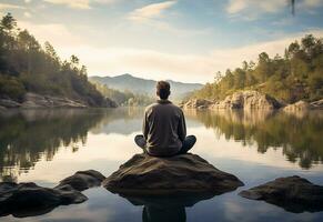 ai generativo foto de un hombre practicando atención plena y meditación en un pacífico natural ambiente sony a7s realista imagen, ultra alta definición, alto diseño muy detallado