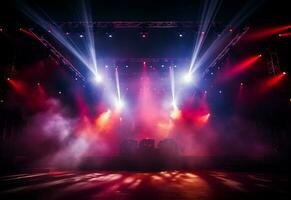 Ai generative Concert Stage Scenery With Spotlights Colored Lights Smoke photo