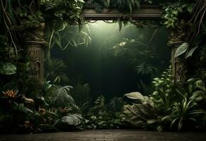 Ai Generative Beautiful jungle background with border made of tropical leaves backdrop with copy space photo