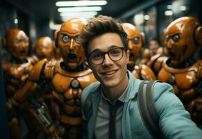 a man in a suit and tie standing next to a robot photo