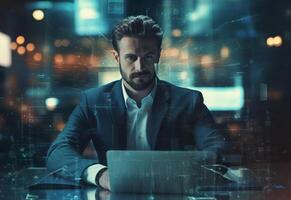 Ai generative double exposure photo of a business man using laptop on his desk front view office background realistic image, ultra hd, high design very detailed