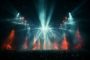 Ai generative Crowded Concert Stage Scenery With Spotlights and Colored Lights realistic image, ultra hd photo