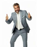 Ai generative photo business concept portrait of excited man dressed in formal wear giving thumbs up