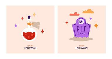 Happy Halloween greeting card. Cartoon vector illustration with cute magic potion, headstone with eye and stars.