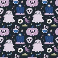 Happy Halloween. Seamless pattern. Cute vector illustration with pumpkin, hand with bone, candy, potion, skull, ghost, headstone on dark blue background.