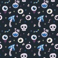 Happy Halloween. Seamless pattern. Cute vector illustration with eye, potion, skull, mushroom, candy on dark blue background.