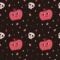 Happy Halloween. Seamless pattern. Cute vector illustration with little pink pumpkin, skull, candy and stars on brown background.