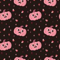 Happy Halloween. Seamless pattern. Cute vector illustration with little pink pumpkin, candy and stars on brown background.