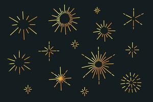 Set of golden gradient shapes isolated on a dark background. Metallized figures in the shape of stars and the sun, sparkling elements. vector