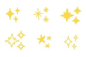 Clipart set of cute kawaii stars isolated on white background. Yellow hand-drawn elements of different shapes and sizes, decor. vector