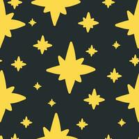 Seamless pattern of cute eight-pointed stars of different sizes on a dark background. Night sky, doodle hand drawn elements, wrapping paper, background. vector