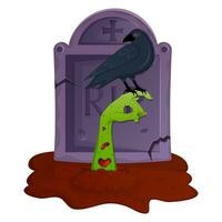 Zombie hand in a grave with scary raven sitting on it vector