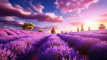 el encantador belleza de un vasto lavanda campo, capturado en un amplio ángulo obra maestra foto