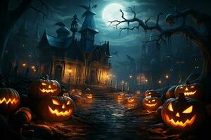 Halloween background with pumpkins and haunted house - 3D render. Halloween background photo