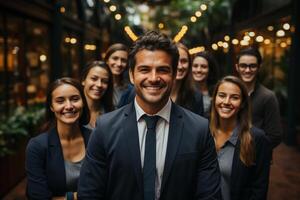 Ai Generative group of happy business man and business women, dressed in suits are smiling, in the office photo